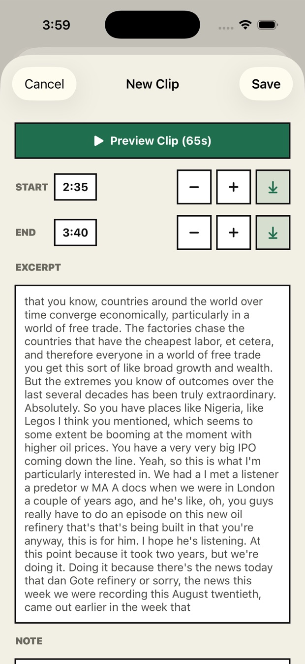 The clip editor with start and end times and the transcript excerpt for the selected range.