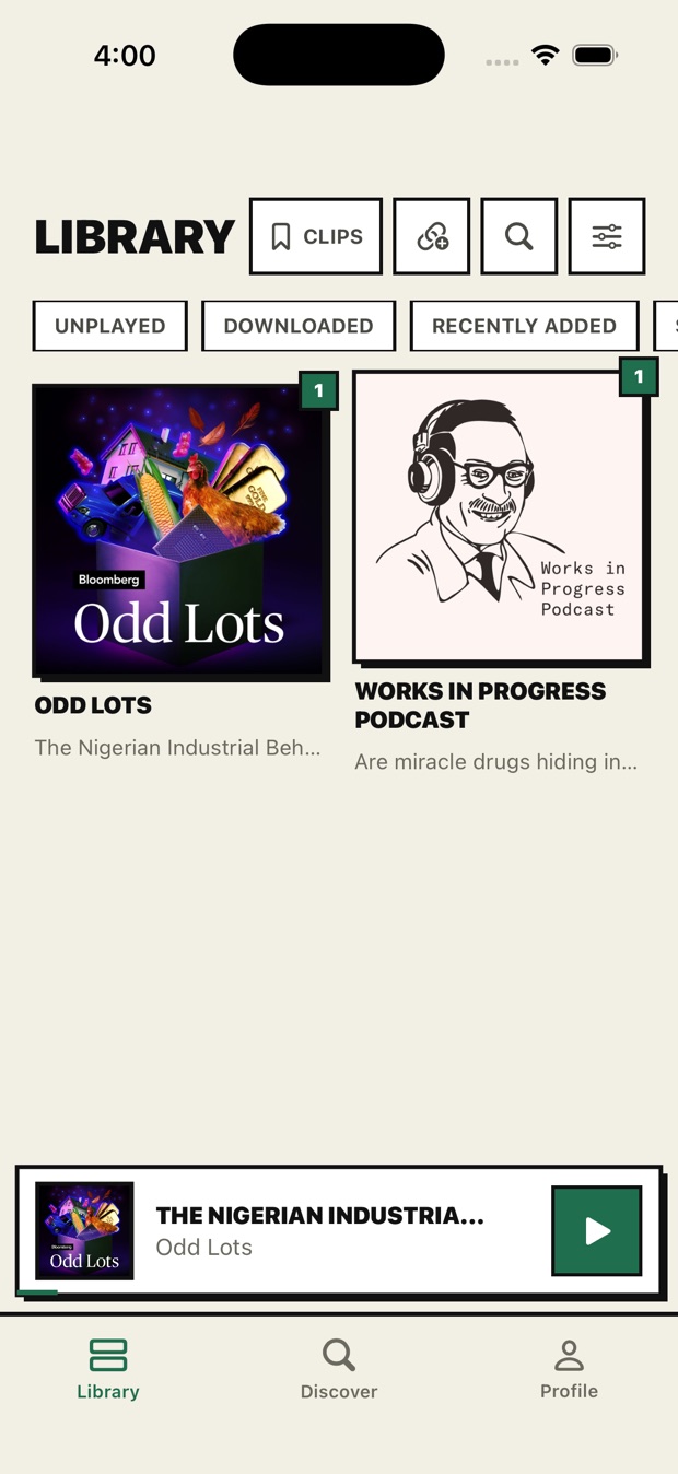 Onda's library grid showing Odd Lots and the Works in Progress Podcast with unplayed-episode badges.