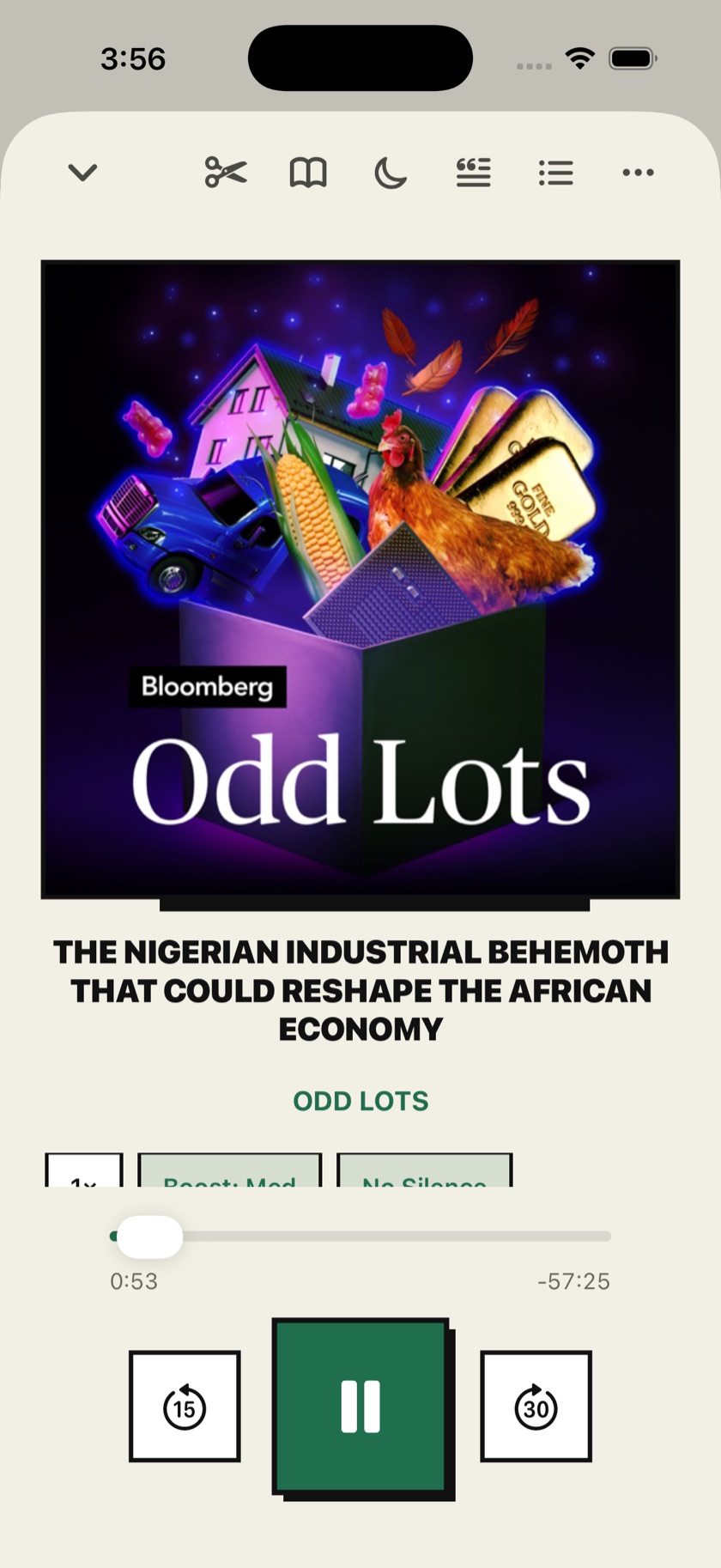 Onda's Now Playing screen: Odd Lots episode artwork, a scrubber, speed and voice-boost chips, and skip-back and skip-forward controls.
