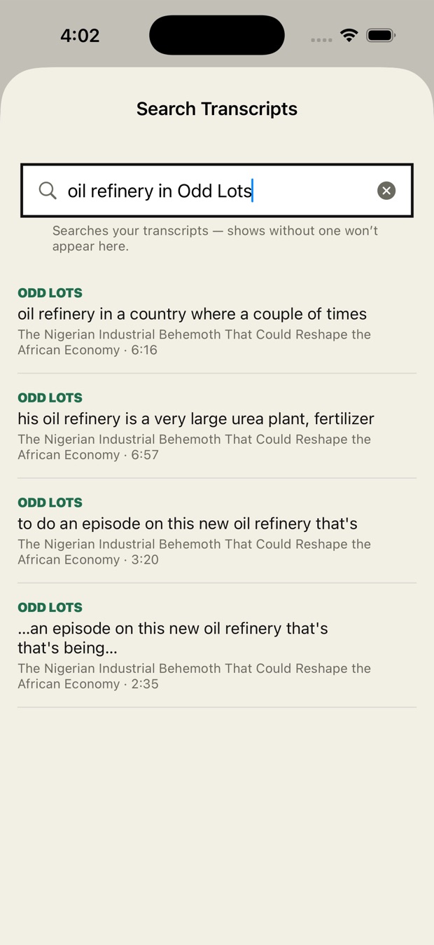 Cross-transcript search for "oil refinery in Odd Lots", listing matching lines with timestamps.