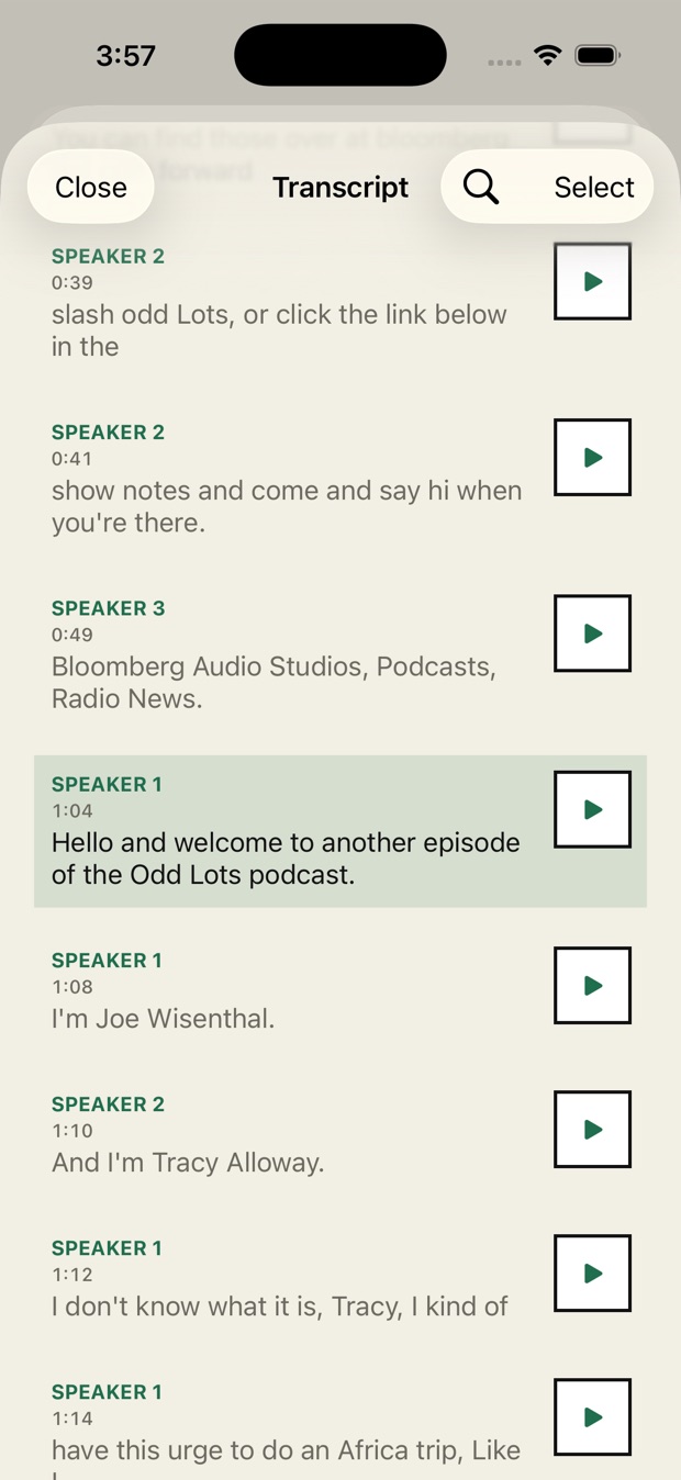 An episode transcript following playback, with speaker labels and the current line highlighted.